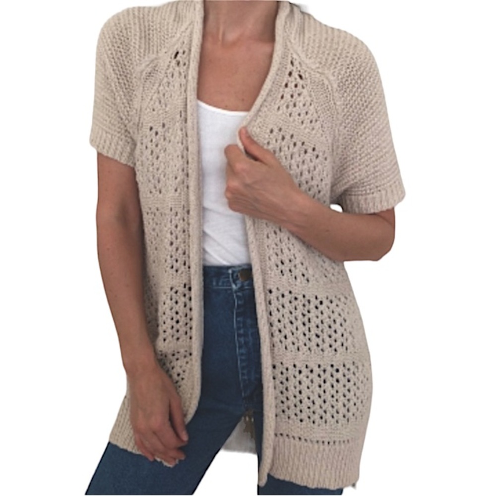 Anthropologie Guinevere Cream‎ Open Knit Short Sleeve Cardigan Sweater